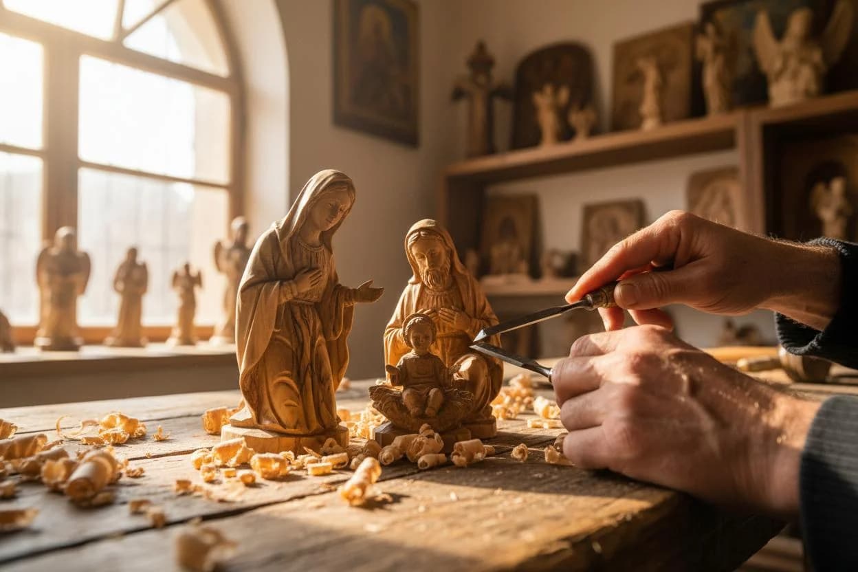 Hand-carved olive-wood Nativity scene reflecting Bethlehem’s Palestinian Christmas craft tradition.
