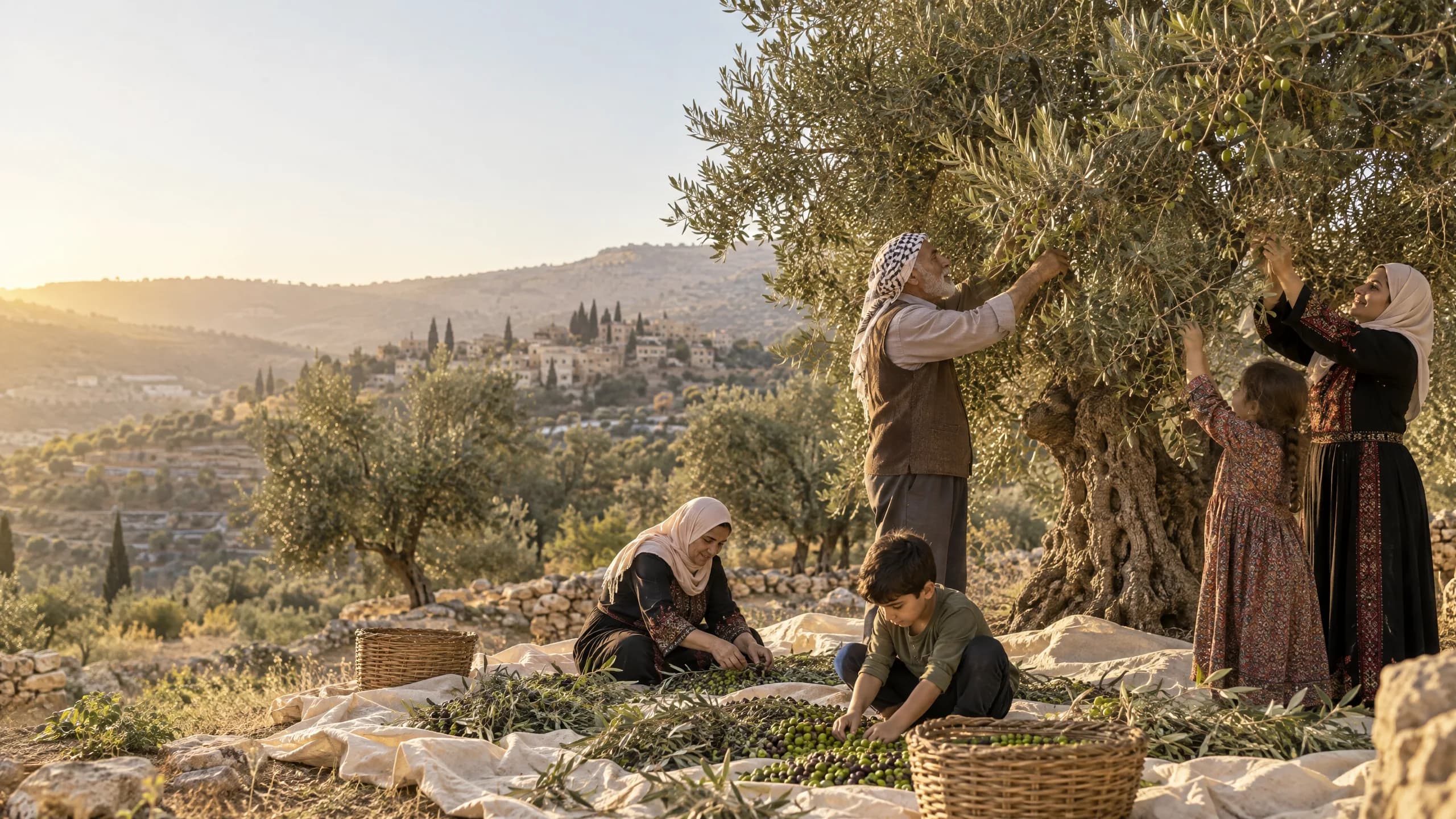 A Palestinian family harvesting olives together beneath an ancient olive tree in an autumn grove.