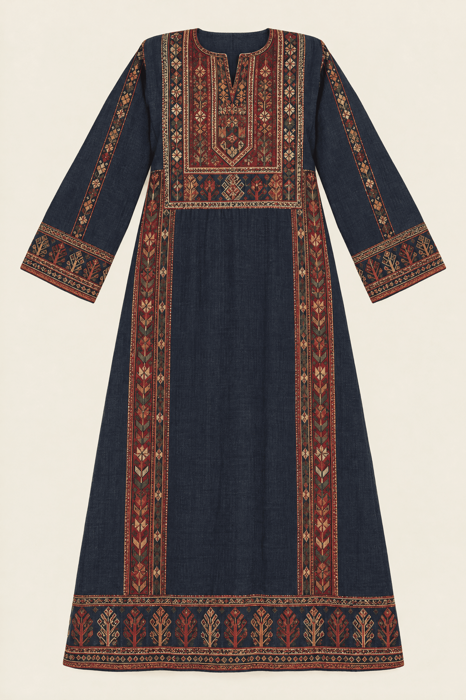 Schematic full-length Palestinian thobe in dark indigo with a chest panel, side panels, sleeve cuffs, and lower hem embroidery.